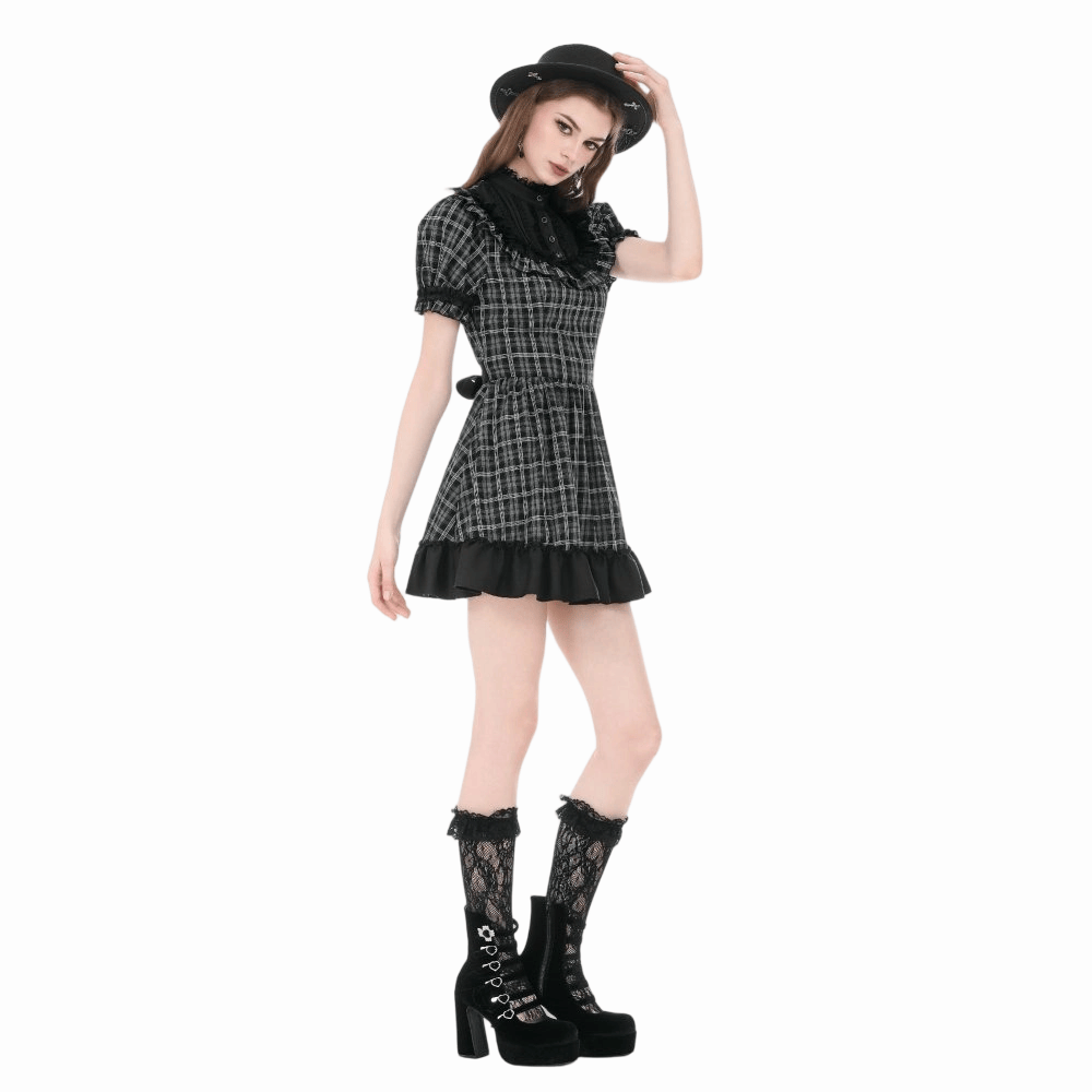 Darkinlove Women's Gothic Ruffled Plaid Puff Short Sleeve Dress