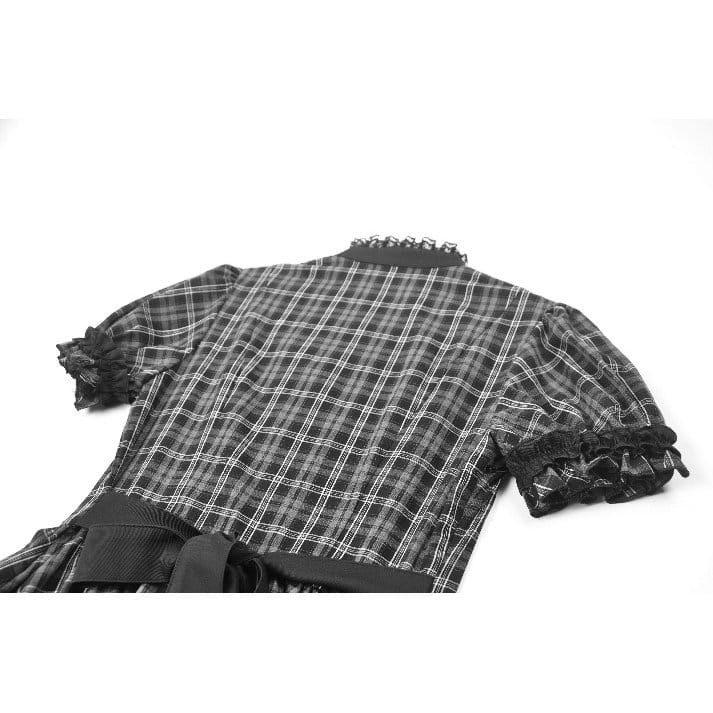 Darkinlove Women's Gothic Ruffled Plaid Puff Short Sleeve Dress
