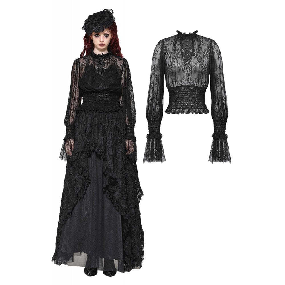 Darkinlove Women's Gothic Ruffled Sheer Lace Shirt