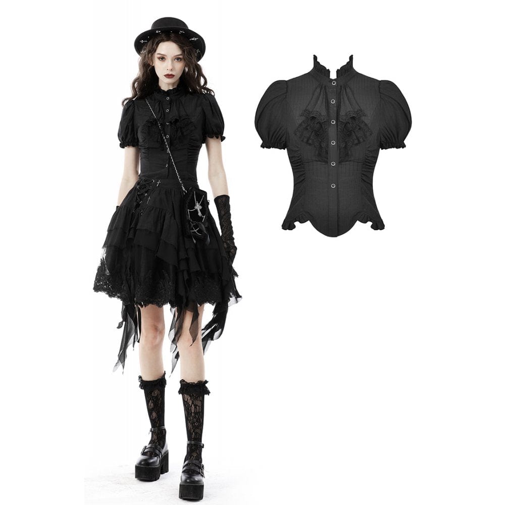 Darkinlove Women's Gothic Ruffles Short Puff Sleeved Shirt Black