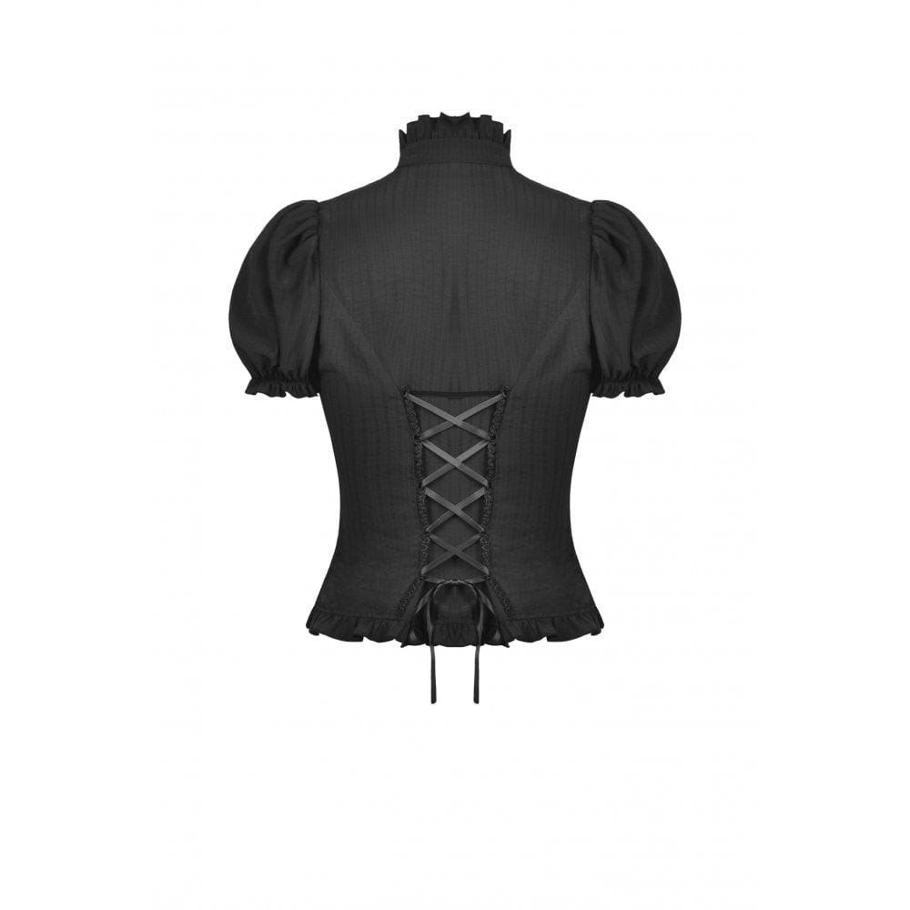 Darkinlove Women's Gothic Ruffles Short Puff Sleeved Shirt Black