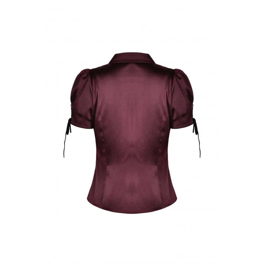 Darkinlove Women's Gothic Ruffles Short Puff Sleeved Shirt Red