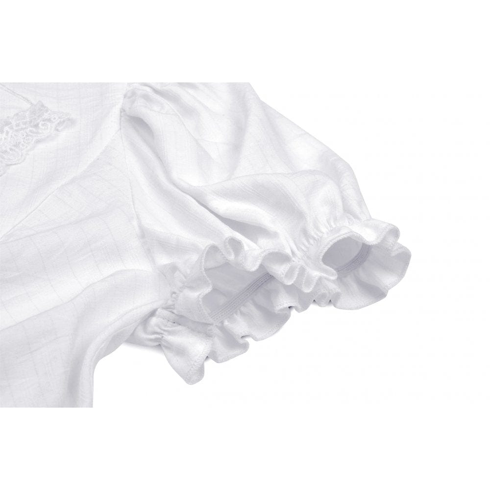 Darkinlove Women's Gothic Ruffles Short Puff Sleeved Shirt White