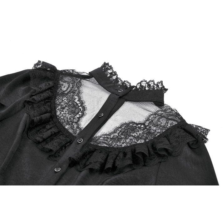 Darkinlove Women's Gothic See Through Ruffled Stand Collar Lantern Sleeved Shirt