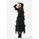 Darkinlove Women's Gothic See Through Ruffled Stand Collar Lantern Sleeved Shirt