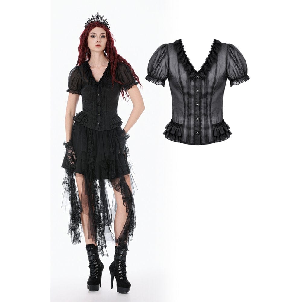 Darkinlove Women's Gothic Sheer Layered Ruffled Puff Short Sleeved Shirt