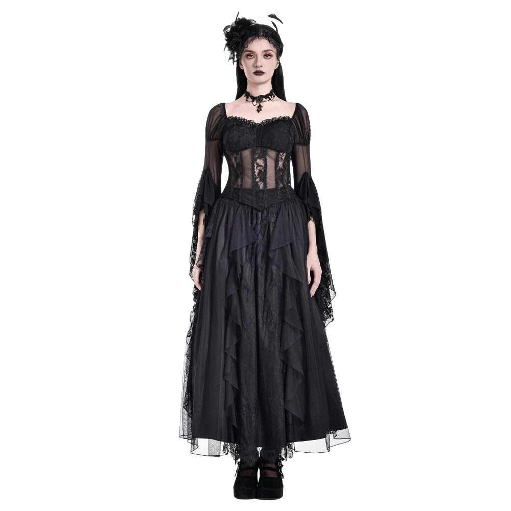 Darkinlove Women's Gothic Sheer Rose Lace Splice Ruffle Flare Sleeve Top