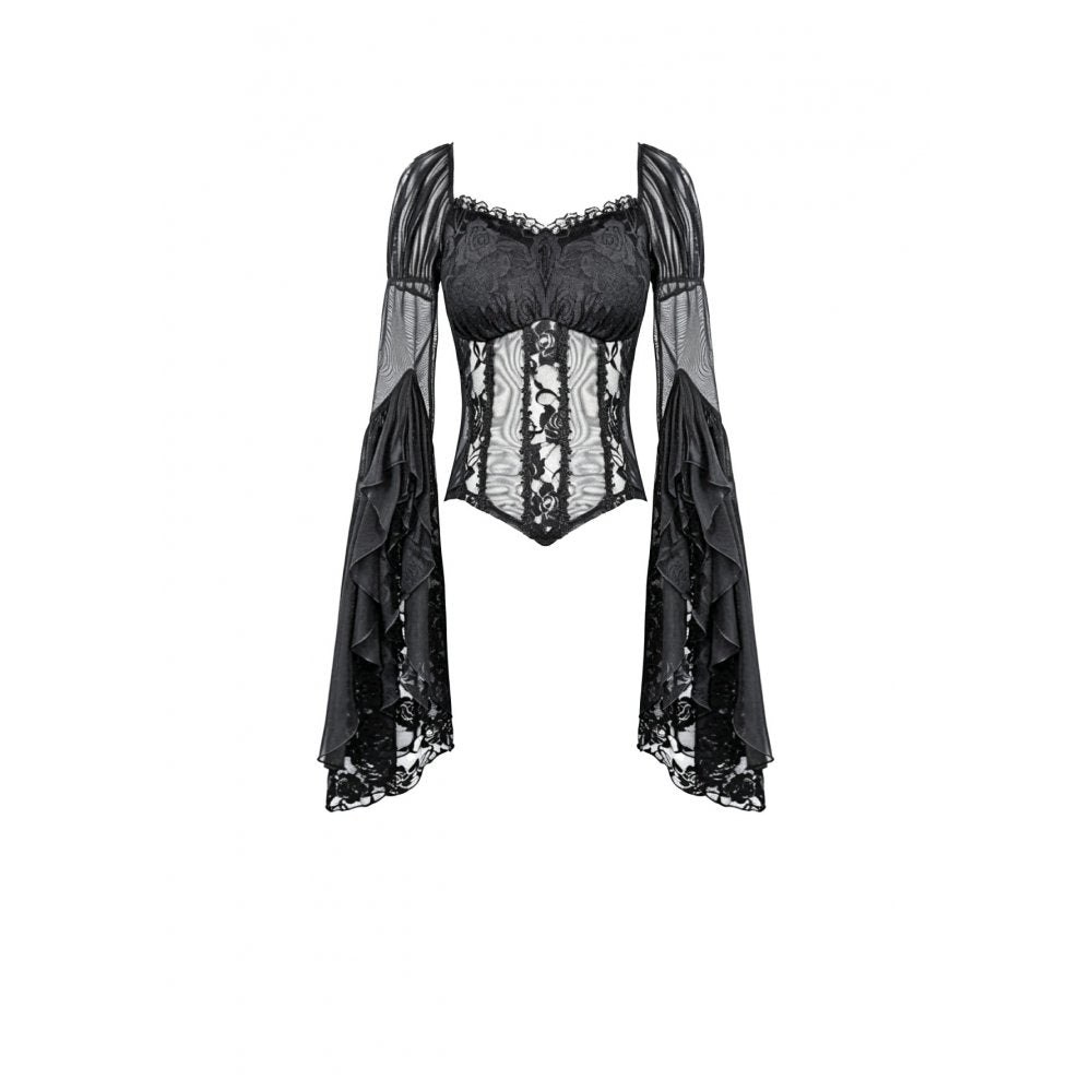 Darkinlove Women's Gothic Sheer Rose Lace Splice Ruffle Flare Sleeve Top