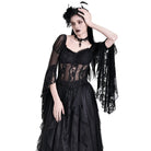Darkinlove Women's Gothic Sheer Rose Lace Splice Ruffle Flare Sleeve Top