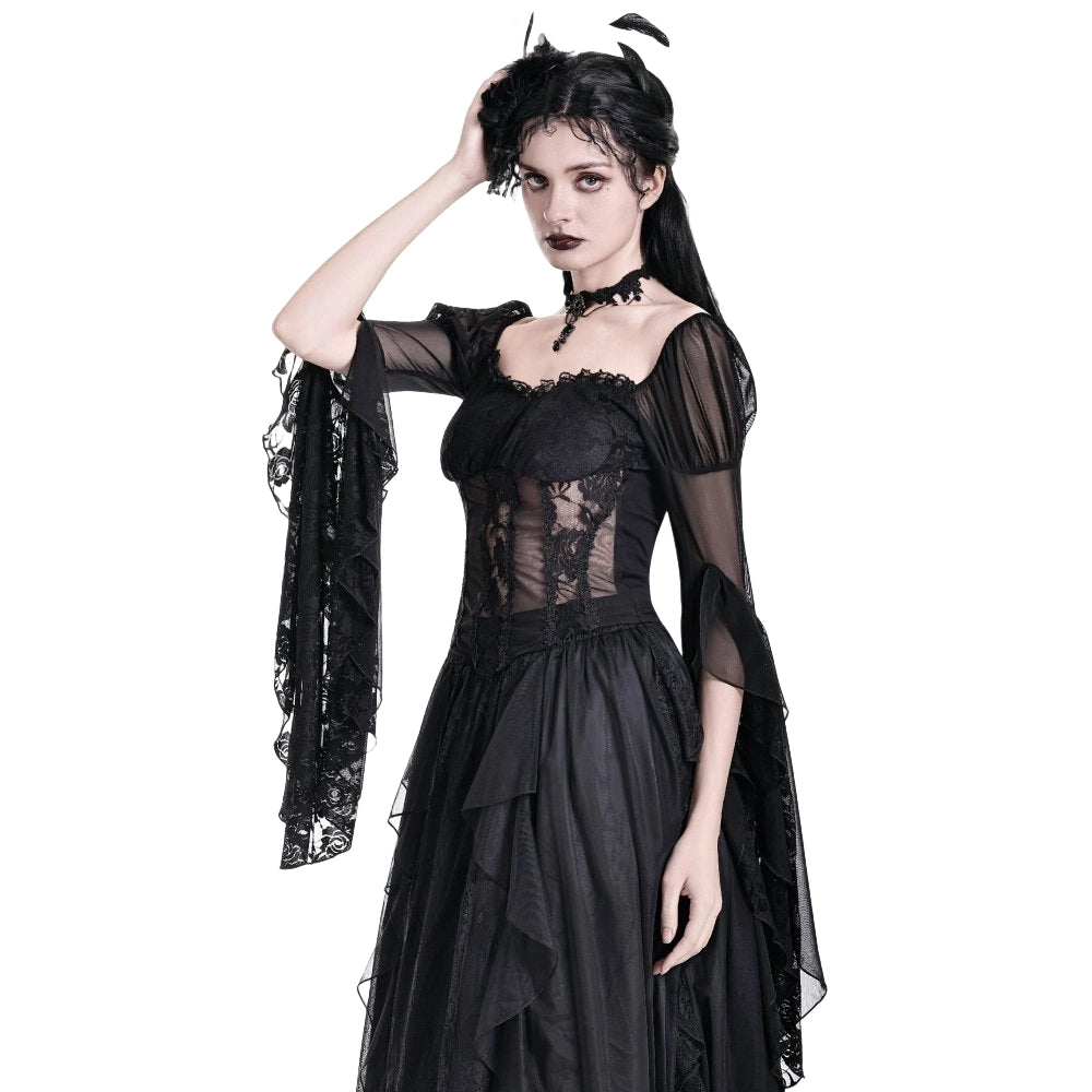 Darkinlove Women's Gothic Sheer Rose Lace Splice Ruffle Flare Sleeve Top