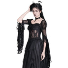 Darkinlove Women's Gothic Sheer Rose Lace Splice Ruffle Flare Sleeve Top