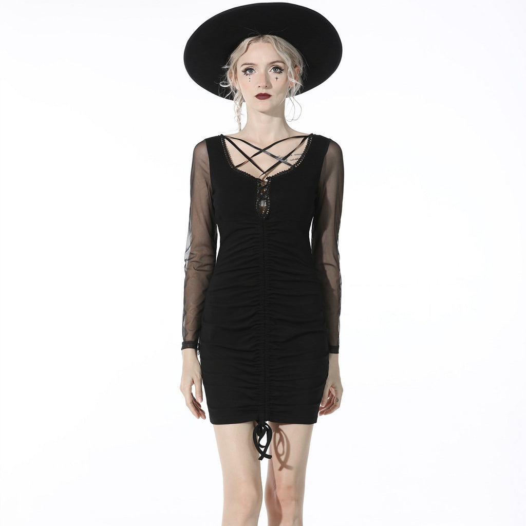 Darkinlove Women's Gothic Sheer Sleeved Drawstring Black Dress