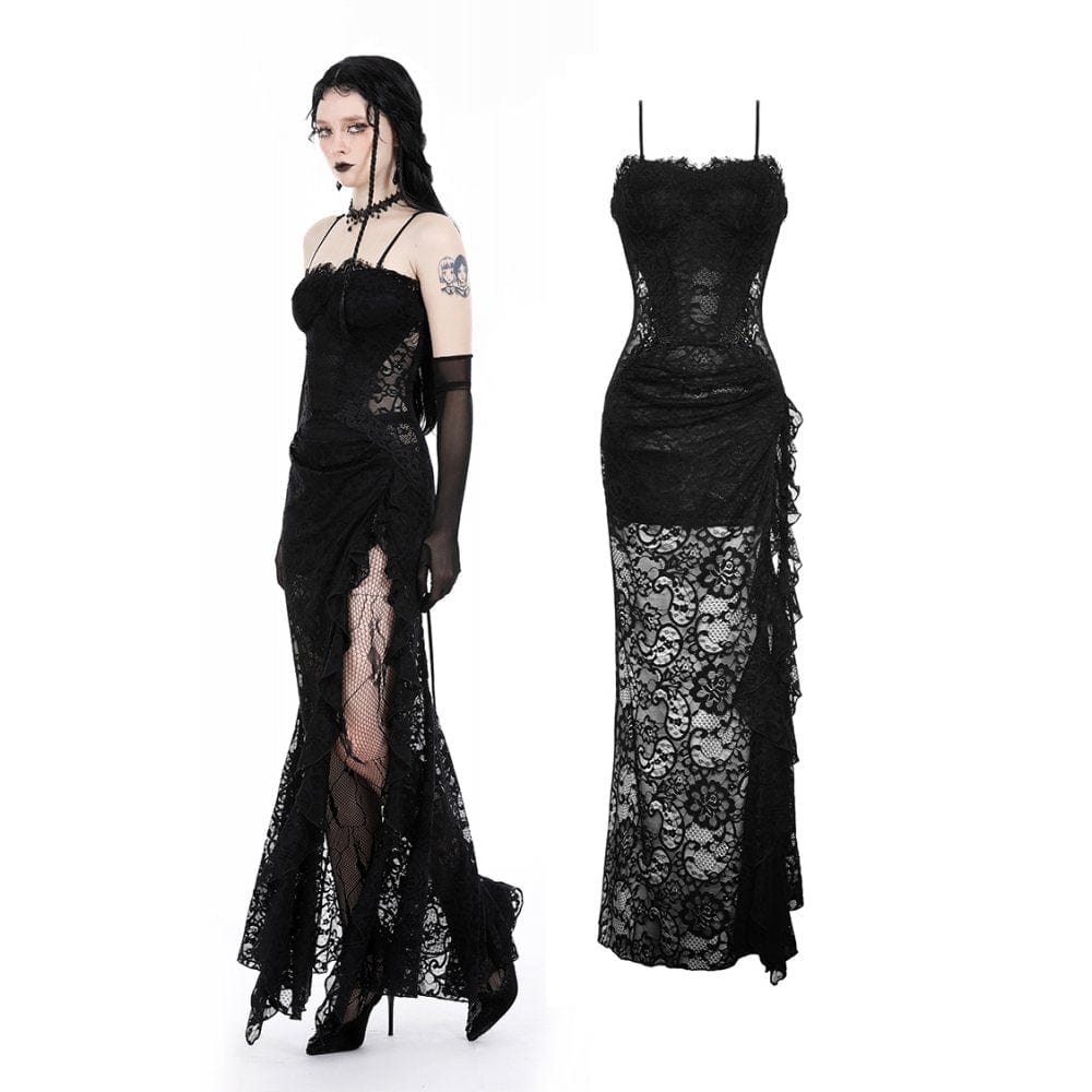 Women's Gothic Side Slit Ruffled Lace Slip Wedding Dress  Punk Design