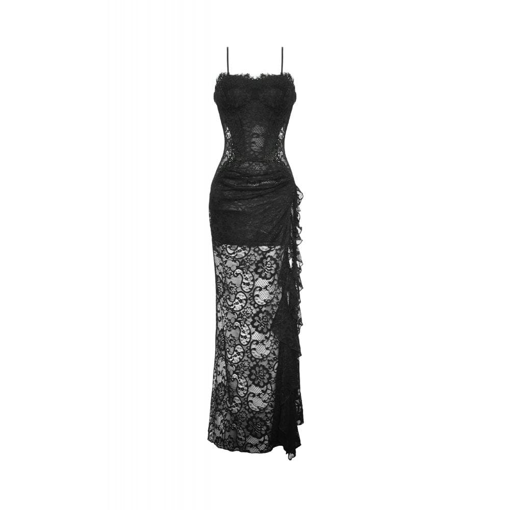 Darkinlove Women's Gothic Side Slit Ruffled Lace Slip Dress
