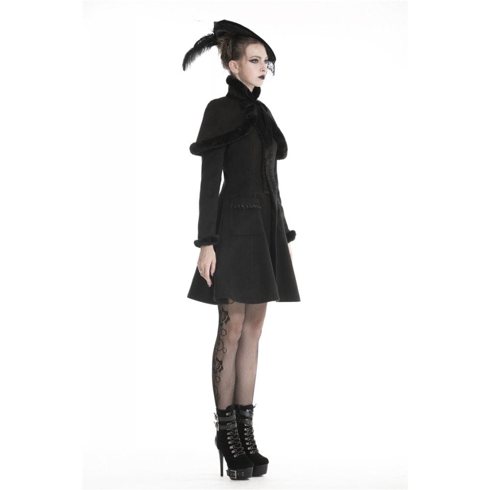 Darkinlove Women's Gothic Single-breasted Woolen Coat with Faux Fur Cape