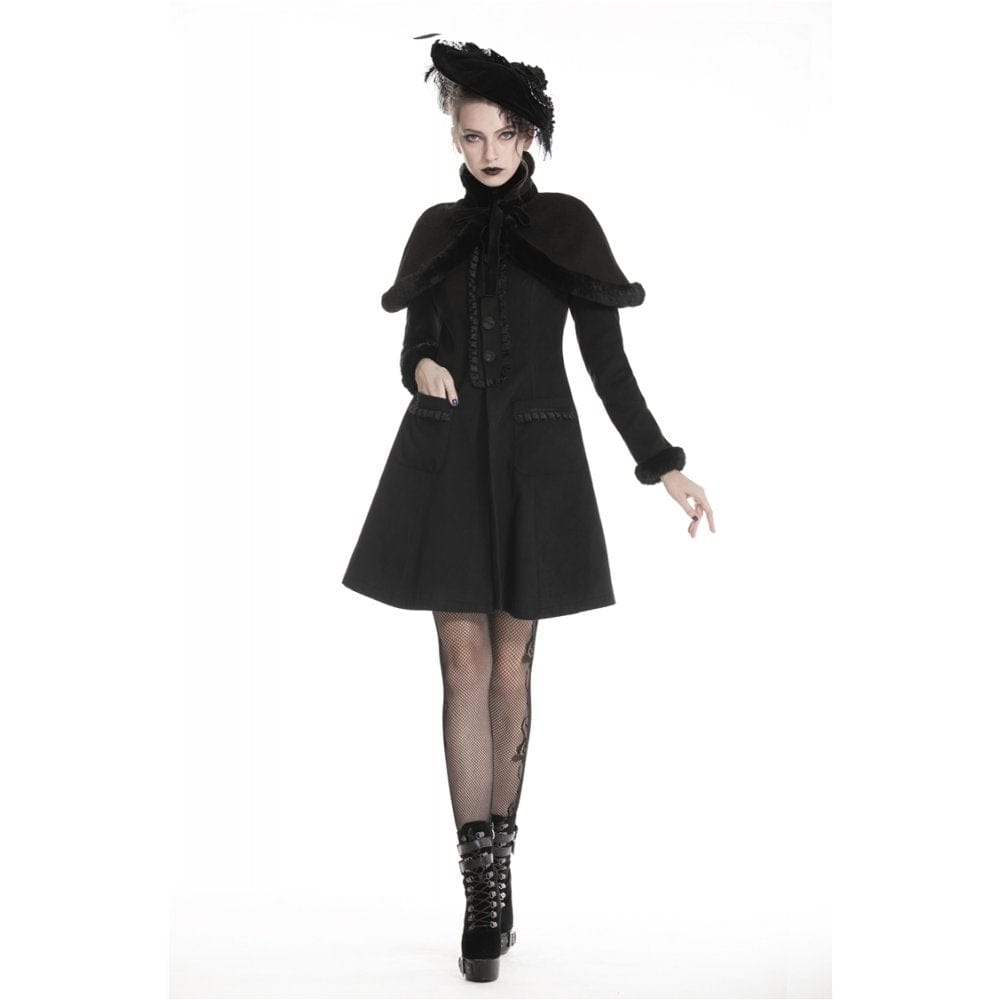 Darkinlove Women's Gothic Single-breasted Woolen Coat with Faux Fur Cape