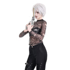 Darkinlove Women's Gothic Skull Floral Printed Mesh Sheer Long Sleeve Top