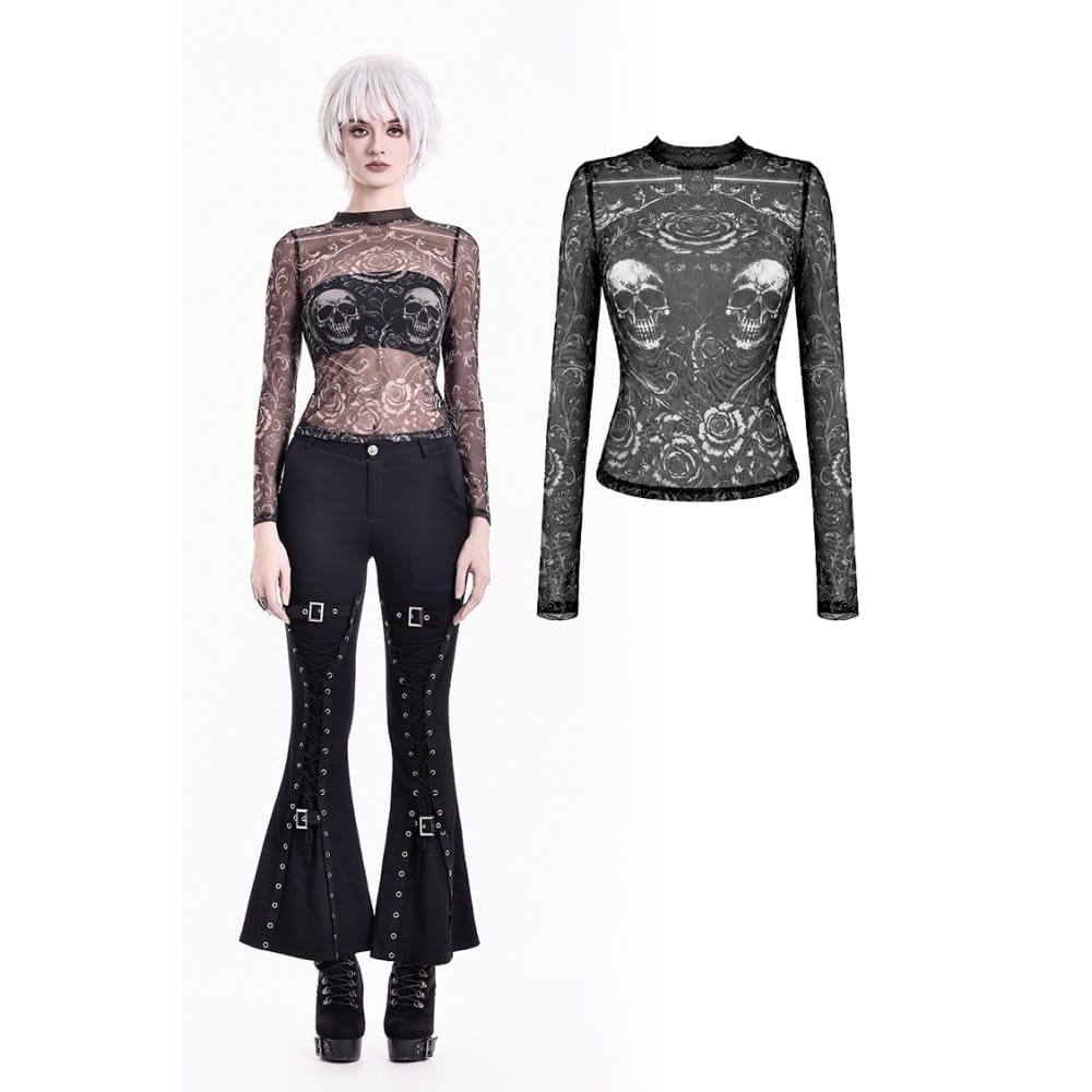 Darkinlove Women's Gothic Skull Floral Printed Mesh Sheer Long Sleeve Top