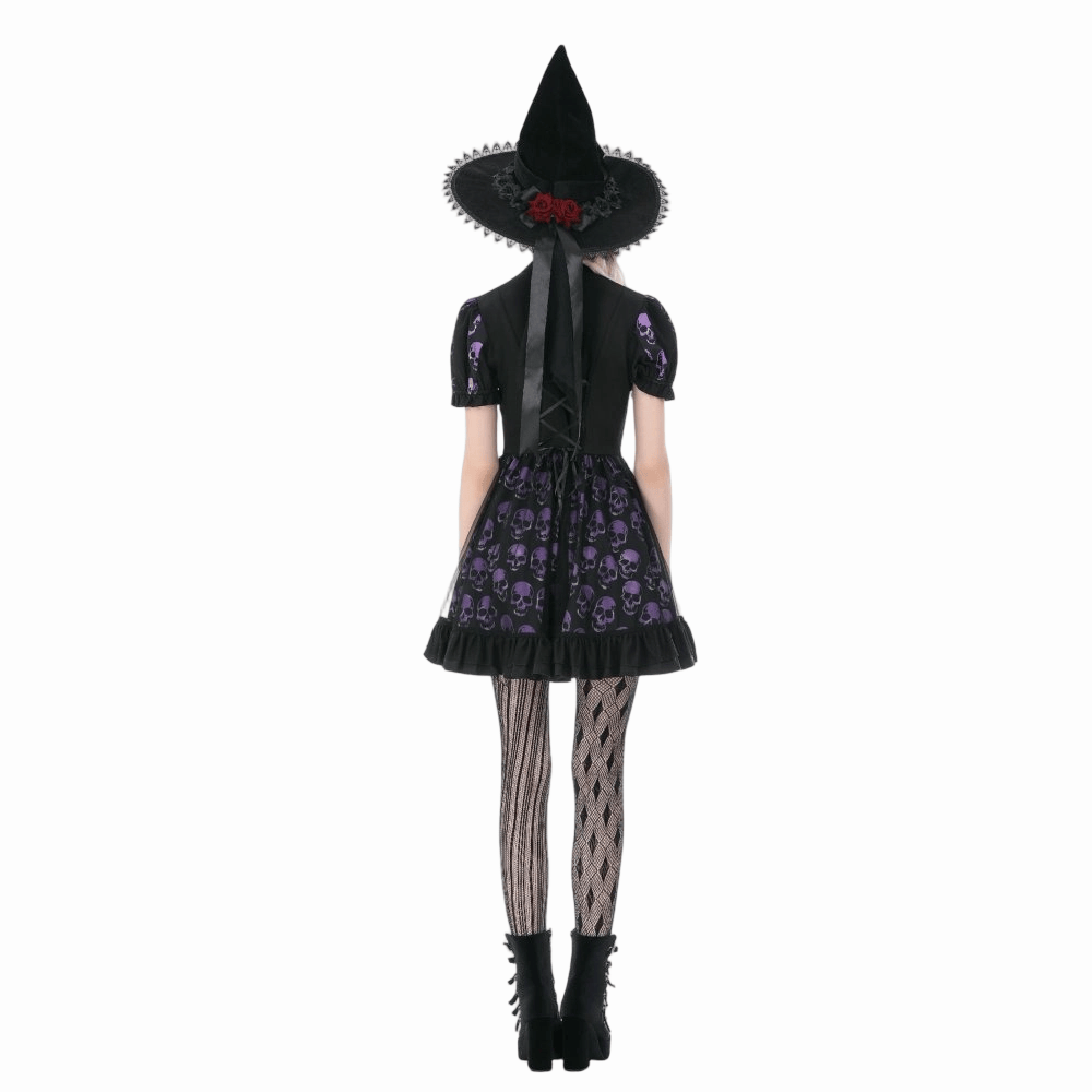 Darkinlove Women's Gothic Skull Printed Puff Short Sleeve Dress