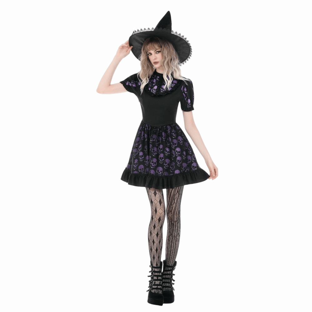 Darkinlove Women's Gothic Skull Printed Puff Short Sleeve Dress