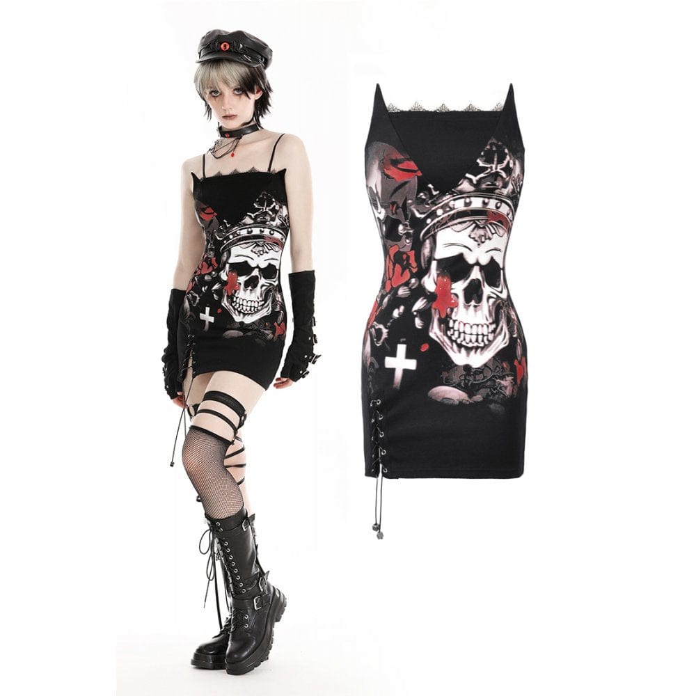 Darkinlove Women's Gothic Skull Printed Witch Slip Dress