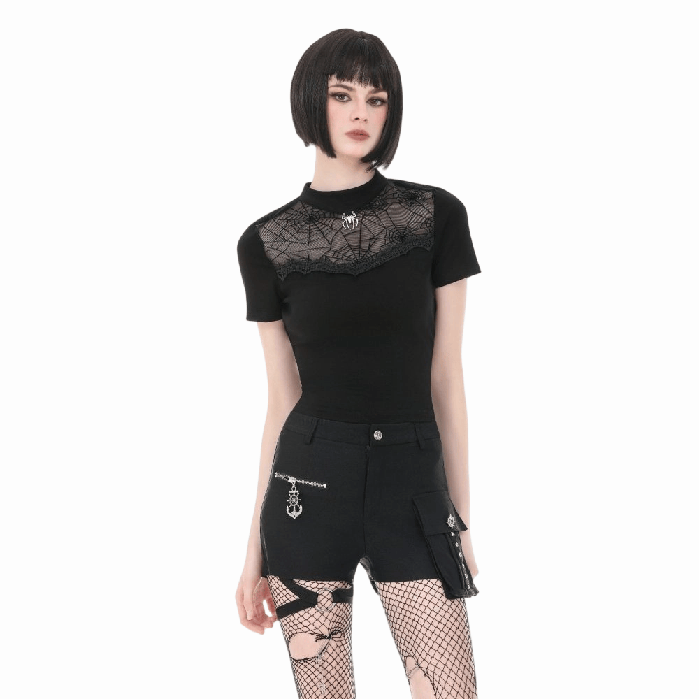 Top a maniche corte da donna Darkinlove con stampa ragnatela gotica