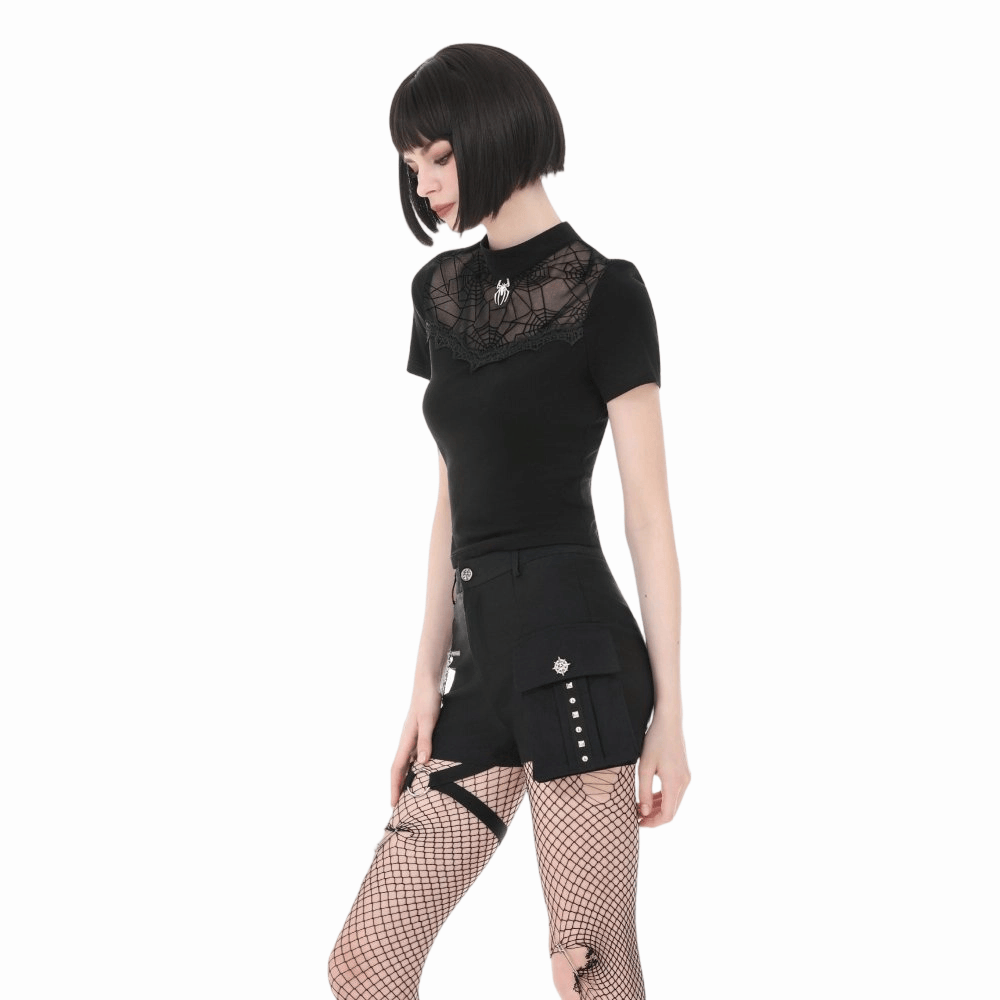 Top a maniche corte da donna Darkinlove con stampa ragnatela gotica