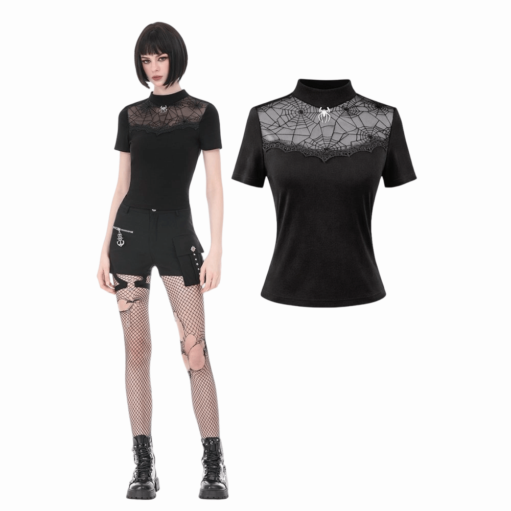 Top a maniche corte da donna Darkinlove con stampa ragnatela gotica
