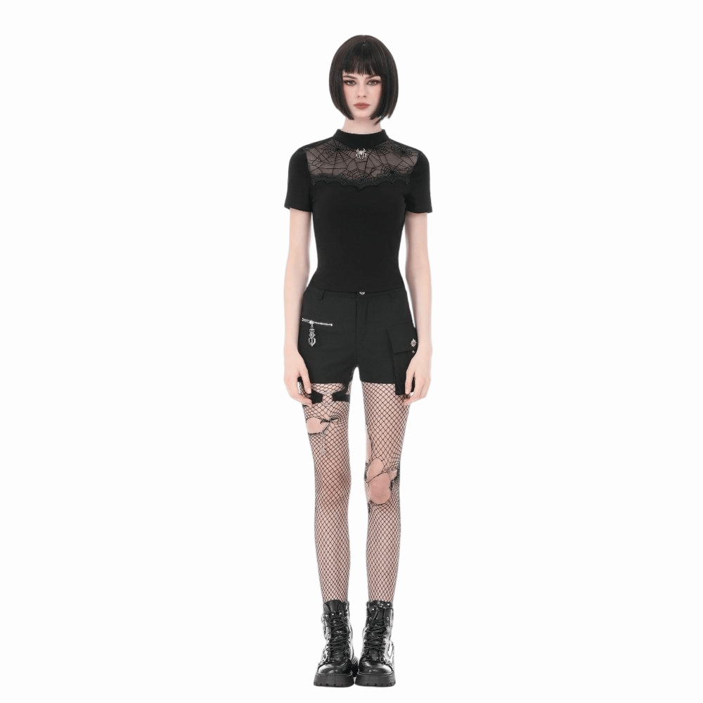 Top a maniche corte da donna Darkinlove con stampa ragnatela gotica