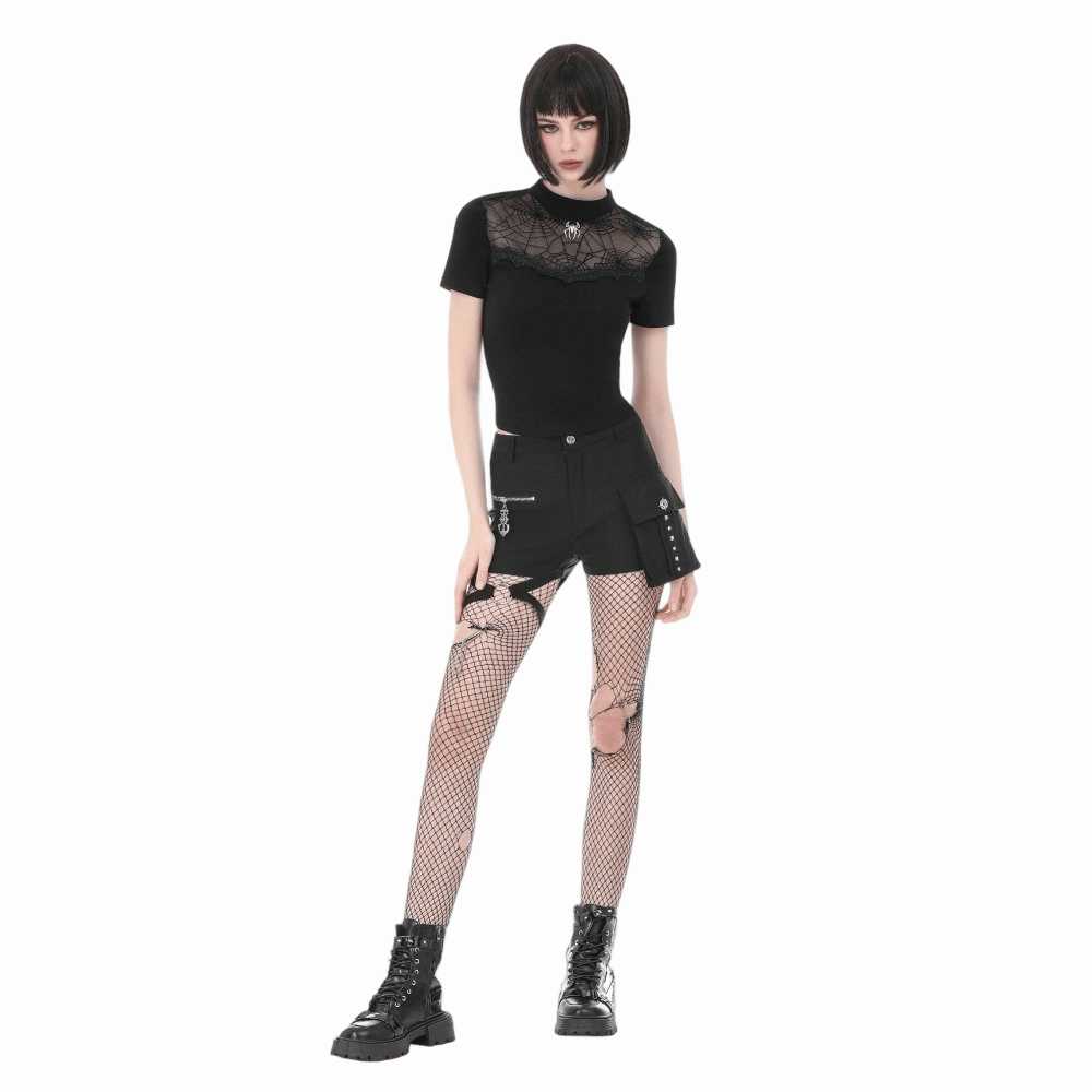 Top a maniche corte da donna Darkinlove con stampa ragnatela gotica