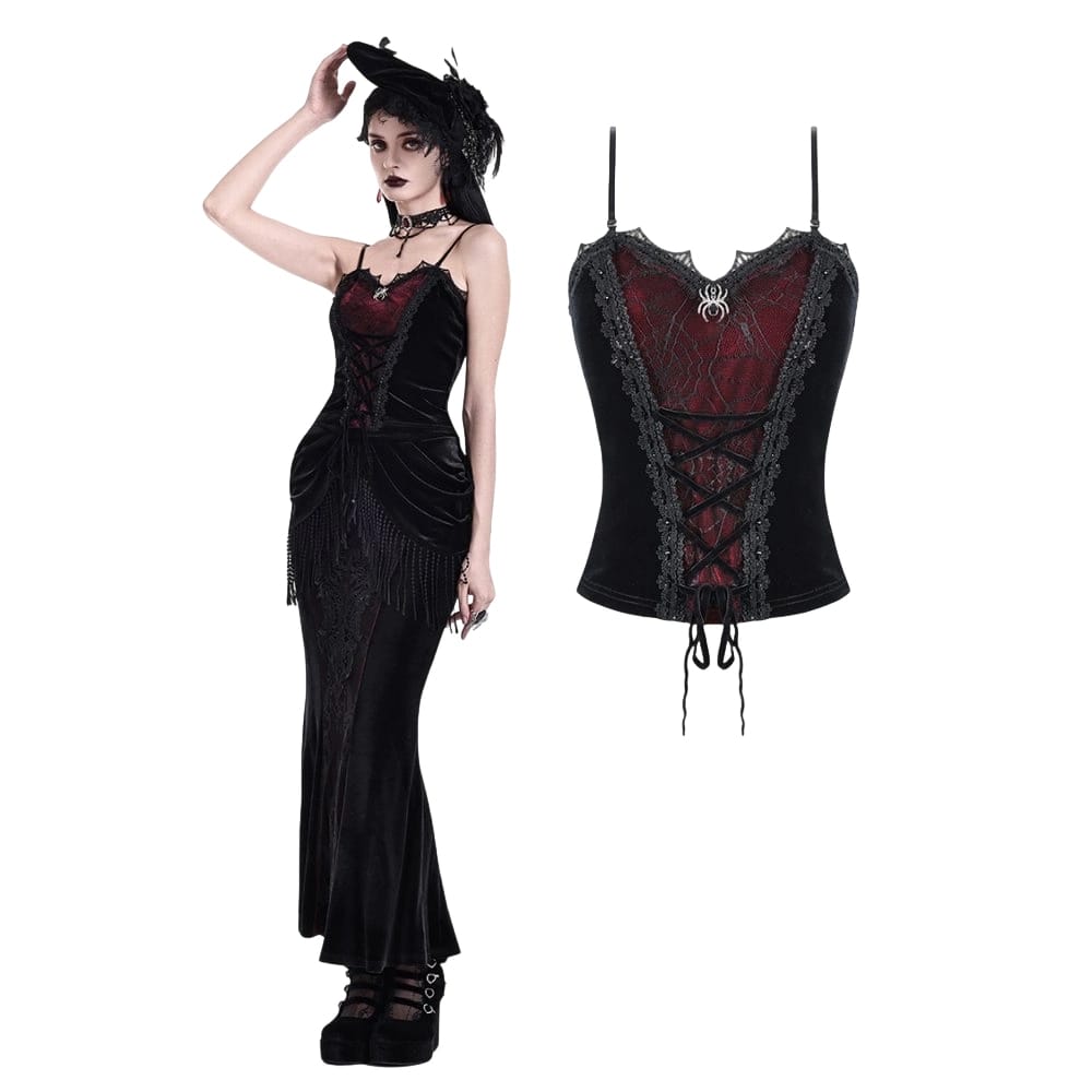 Darkinlove Women's Gothic Spider Decor Lace-up Contrast Color Crop Top