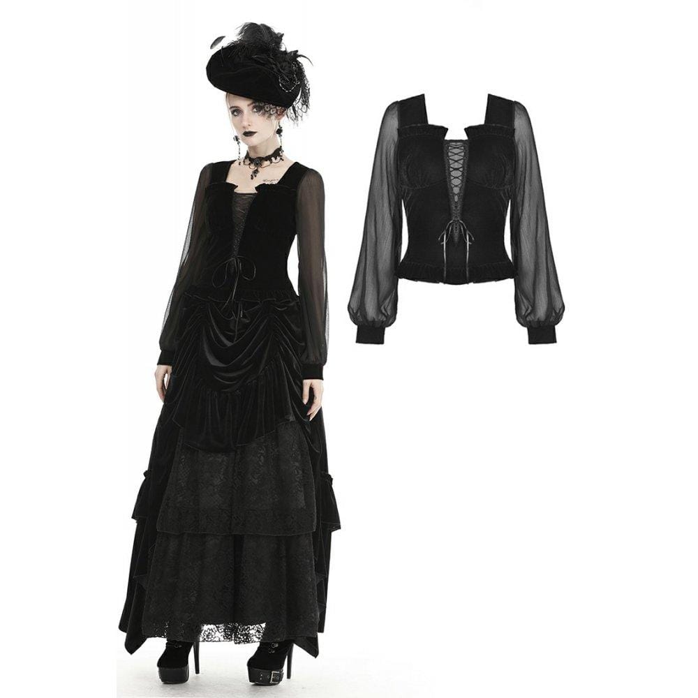 Darkinlove Women's Gothic Square Collar Mesh Sleeve Velet Tops