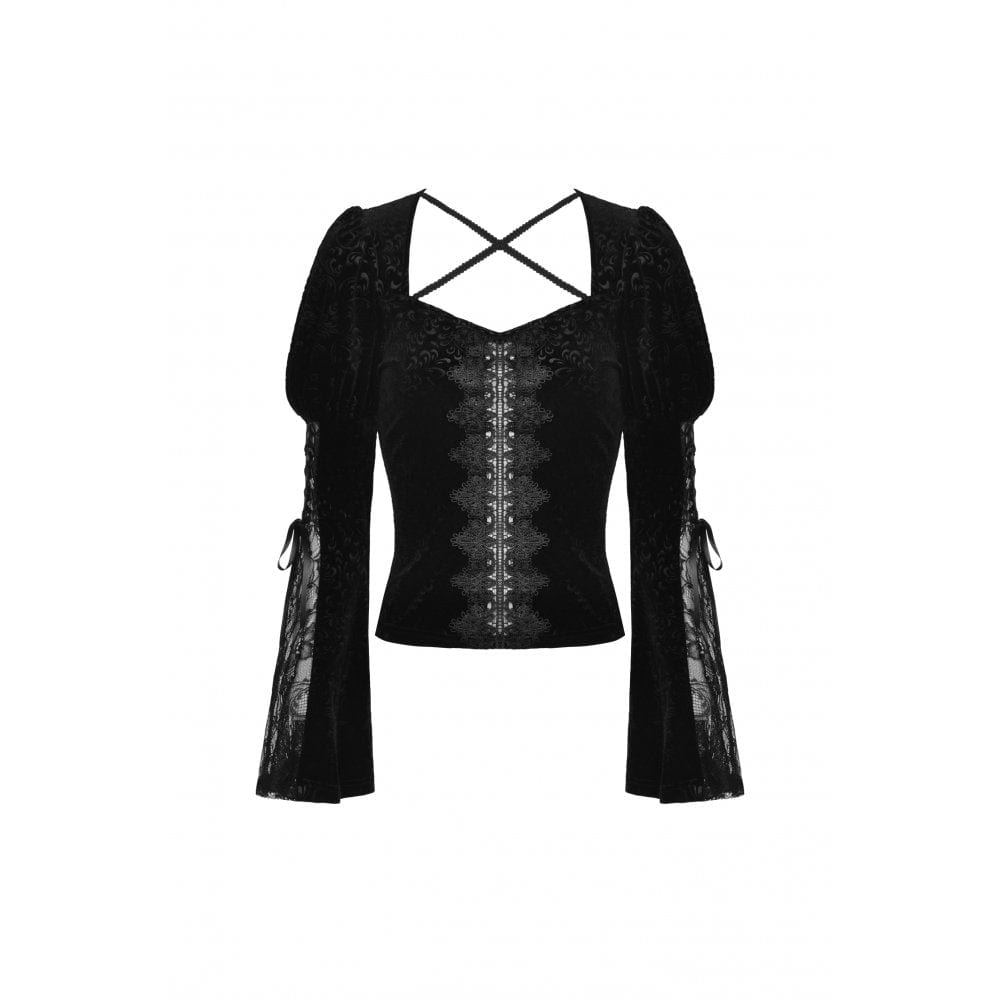 Darkinlove Women's Gothic Square Collar Puff Sleeved Velet Shirt