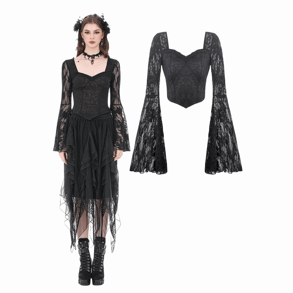 Darkinlove Women's Gothic Square-cut Collar Floral Lace Bell Sleeve Top