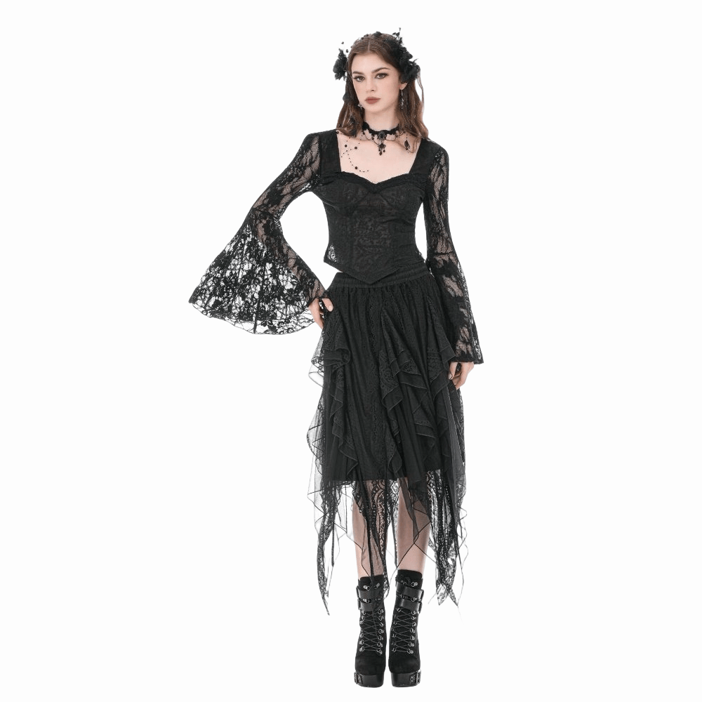 Darkinlove Women's Gothic Square-cut Collar Floral Lace Bell Sleeve Top