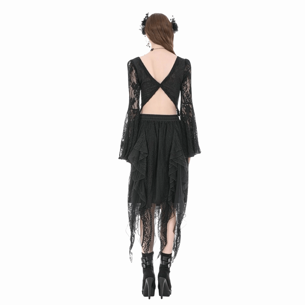 Darkinlove Women's Gothic Square-cut Collar Floral Lace Bell Sleeve Top