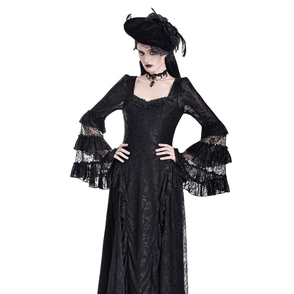Women's Gothic Square Neck Jacquard Tiered Bell Sleeve Lace Mesh Maxi Dress - Punk Design