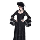 Women's Gothic Square Neck Jacquard Tiered Bell Sleeve Lace Mesh Maxi Dress - Punk Design