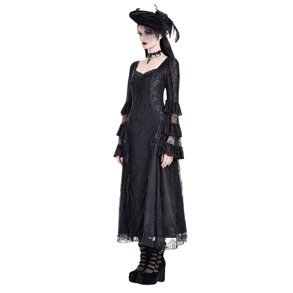 Darkinlove Women's Gothic Square Neck Jacquard Tiered Bell Sleeve Lace Mesh Maxi Dress