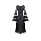 Darkinlove Women's Gothic Square Neck Jacquard Tiered Bell Sleeve Lace Mesh Maxi Dress
