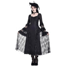 Darkinlove Women's Gothic Square Neck Jacquard Tiered Bell Sleeve Lace Mesh Maxi Dress