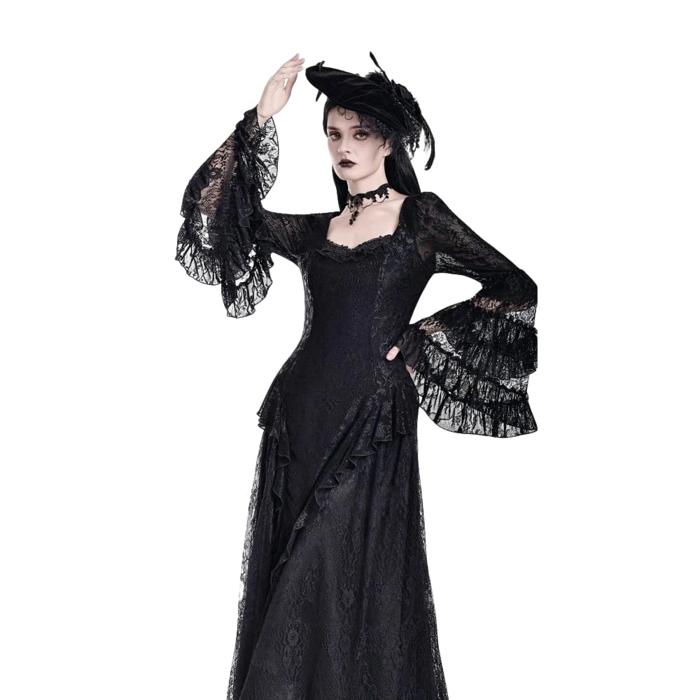 Women's Gothic Square Neck Jacquard Tiered Bell Sleeve Lace Mesh Maxi Dress - Punk Design