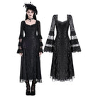Women's Gothic Square Neck Jacquard Tiered Bell Sleeve Lace Mesh Maxi Dress - Punk Design