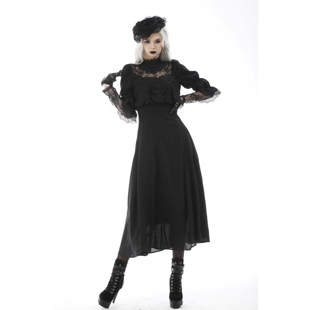 Darkinlove Women's Gothic Stand Collar Lace Splice Maxi Wedding Dress