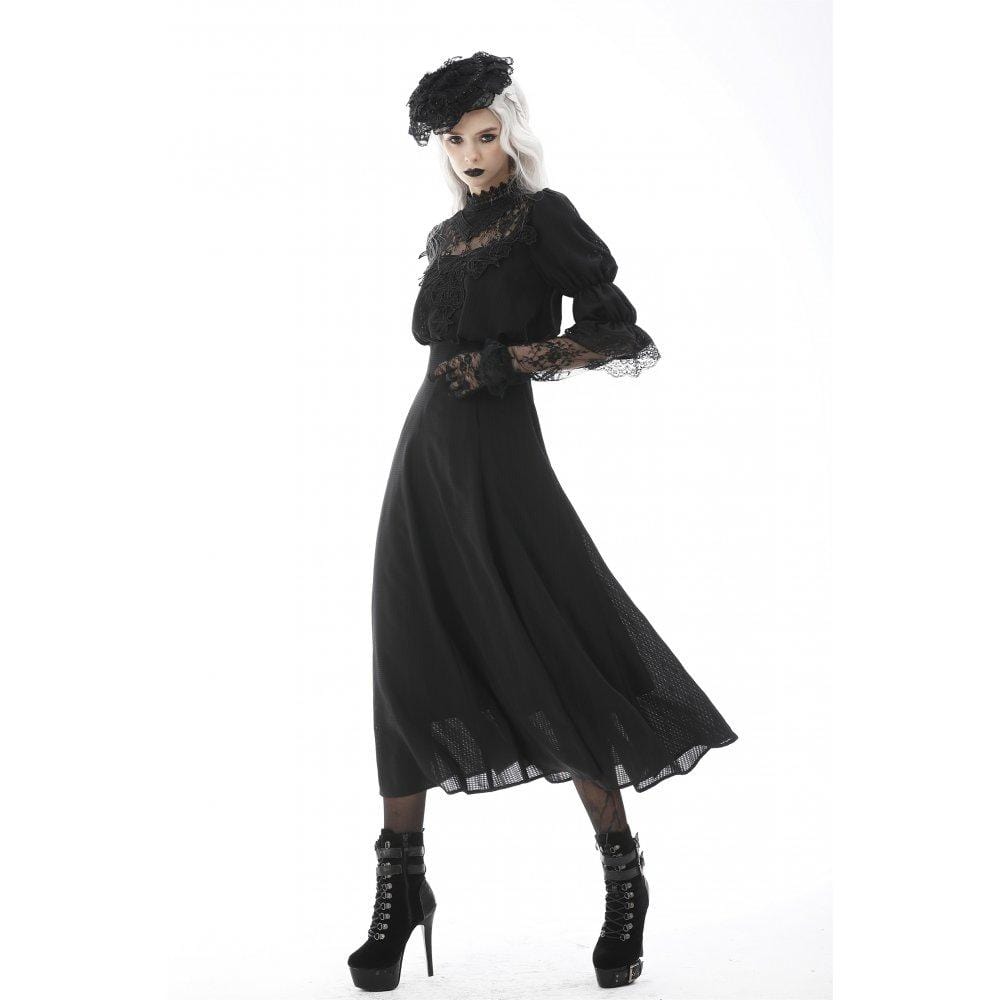 Darkinlove Women's Gothic Stand Collar Lace Splice Maxi Wedding Dress
