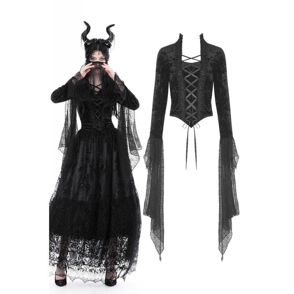 Darkinlove Women's Gothic Stand Collar Lace-up Velvet Shirt
