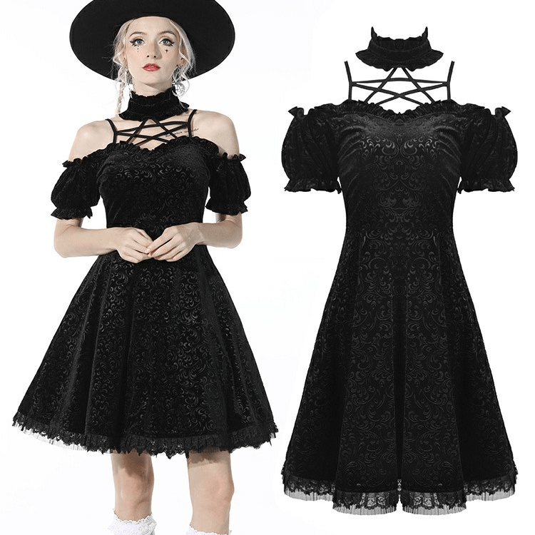 Darkinlove Women's Gothic Stand Collar Off Shoulder Black Velvet Dress