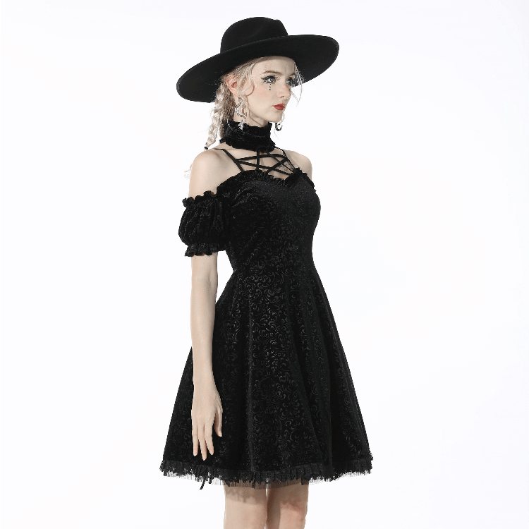 Darkinlove Women's Gothic Stand Collar Off Shoulder Black Velvet Dress
