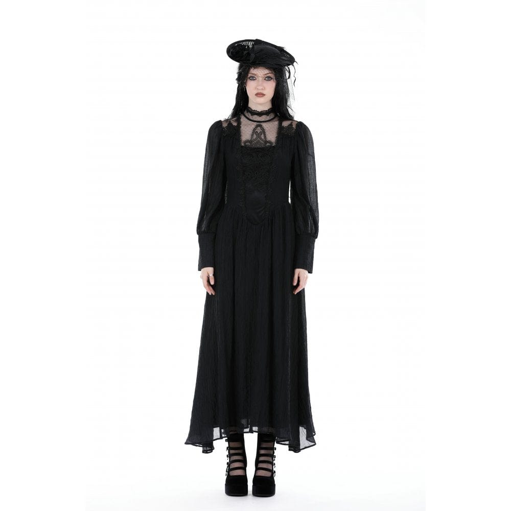 Darkinlove Women's Gothic Stand Collar Puff Sleevd Ruched Dress