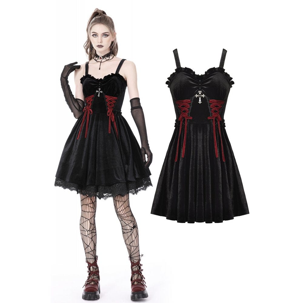 Darkinlove Women's Gothic Strappy Cross Velvet Slip Dress